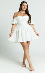 Esthela Mini Dress - Embroidered Square Neck Short Puff Sleeve Corset in White Floral