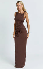 Ginny Maxi Dress - Jersey Ruched V Waist Dress in Chocolate