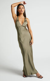 Khalani Maxi Dress - Deep V Neck Satin Slip Dress in Dark Olive