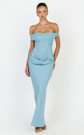 Thalassa Maxi Dress - Lace Off Shoulder Contrast Draped Cowl Waist Dress in Light Blue