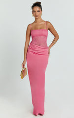 Rania Maxi Dress - Contrast Lace Bodice Bias Cowl Drop Waist Dress in Dark Pink