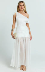 Mackenzie Midi Dress - Tipped Shoulder Drop Waist Full Gathered Skirt Dress in White