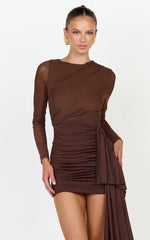 Jasmine Mini Dress - Long Sleeve Draped Skirt Overlay Dress in Chocolate