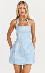 Gabbie Mini Dress - Jacquard Halter Fit And Flare Dress in Blue