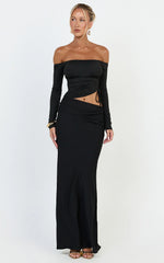 Tallulah Maxi Dress - Off Shoulder Long Sleeve Side Ruched Cut Out Dress in Black