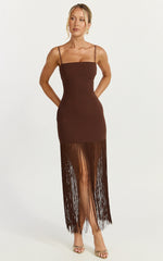 Evie Maxi Dress - Crepe Fringed Shift Dress in Chocolate