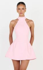 Helia Mini Dress - High Halter Neck Scarf Detail A Line Dress in Pink