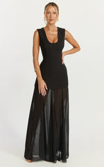 Frances Maxi Dress - Contrast U Neck Godet A Line Dress in Black