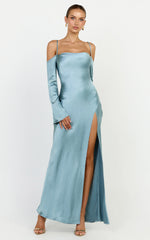 Isabella Maxi Dress - Off Shoulder Long Sleeve Satin Dress in Blue