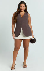 Olivia Top - Longline Linen V Neck Back Tie Vest Top in Chocolate