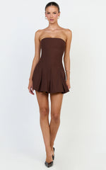 Kalliste Mini Dress - Strapless Godet Pleat Fit And Flare Dress in Chocolate