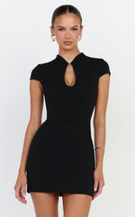 Briony Mini Dress - High Neck Front Key Hole Fitted Dress in Black