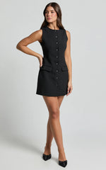 Yasmine Mini Dress - Button Down Boucle Dress in Black