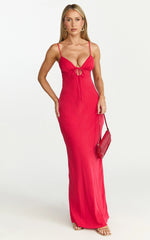 Arlette Midi Dress - Strappy V Neck Under Bust Gathered Tie Front Bias Slip Skirt Dress in Red