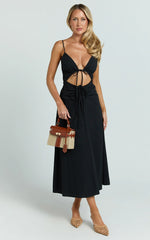 Daphne Midi Dress - Gathered Cut Out A Line Dress in Black