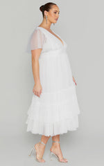 Jiraye Midi Dress - Flutter Sleeve Tuelle Plunge Dress in White