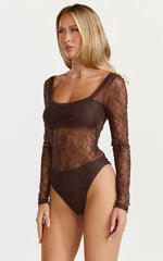 Cynthia Bodysuit - Long Sleeve Lace Bodysuit in Chocolate