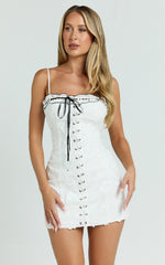 Gisele Mini Dress - Straight Neck Fitted Laced Front Dress in White