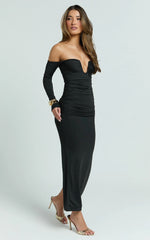 Isabelle Midi Dress - Ruche Front Deep U Off Shoulder Fitted Dress in Black