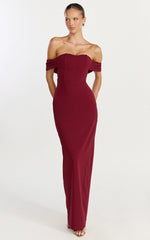 Karina Maxi Dress - Off Shoulder Corset Bodice Lace Up Back Dress in Wine