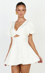 Rosalie Mini Dress - Floral Jacquard V Neck Fit and Flare Dress in White