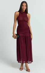 Metzie Midi Dress - High Neck Gathered Mesh Dress in Burgundy