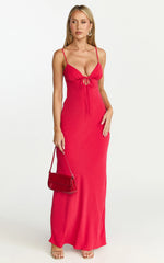 Arlette Midi Dress - Strappy V Neck Under Bust Gathered Tie Front Bias Slip Skirt Dress in Red