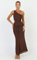Mandy Midi Dress - Knot Detail Cut Out Mesh Dress in Chocolate