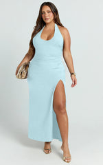 Ruby Maxi Dress - Halter Scoop Neck Low Back Bodycon Dress in Light Blue