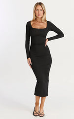 Lucy Midi Dress - Ribbed Side Ruched Bodycon Dress in Black
