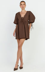 Rosita Mini Dress - Tie Front Puff Sleeve Dress in Chocolate