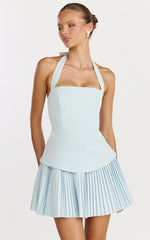 Calla Mini Dress - Halter Neck Peplum Pleated Skirt Dress in Light Blue