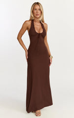 Odile Maxi Dress - U Halter Neck Dress in Chocolate