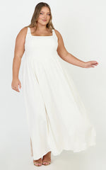 Rhaziya Midi Dress - Sleeveless Straight Neck Fit and Flare Dress in White