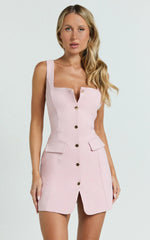 Kenna Mini Dress - Square Neck Button Down Mini Dress in Pink