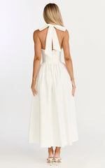 Helda Midi Dress - Halter Tie Neck Corset Panel Dress in Off White