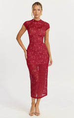 Emma Midi Dress - Lace Cap Sleeve Bodycon Dress in Wine