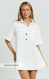 Lynda Mini Dress - Short Sleeve Collared Patch Pocket Shift Dress in Off White