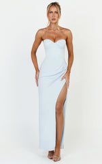Tasha Midi Dress - Strapless Ruched Bodice Leg Split Dress in Blue