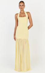 Barbara Maxi Dress - Halter Scoop Neck Contrast Georgette Dress in Lemon