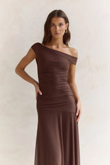 Coffee And Wine Mesh Off Shoulder Maxi Dress Brown