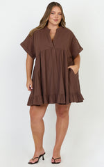 Calissa Mini Dress - Frill Hem Smock Dress in Chocolate
