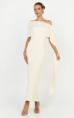 Elina Maxi Dress - Off Shoulder Contrast Mesh Draped Overlay Dress in Cream