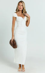 Farrow Midi Dress - Cap Sleeve Ruched Bust Fitted Dress in Off White