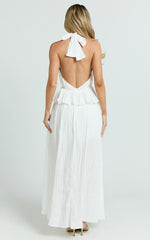 Heidi Midi Dress - Deep V Plunge Halter Neck Brooch Detail Split Skirt Dress in White