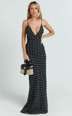 Quincy Maxi Dress - Satin Slip Dress in Black Polka Dot