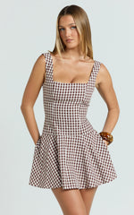 Sophia Mini Dress - Drop Waist Fit And Flare Mini Dress in Chocolate Gingham