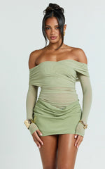 Jade Mini Dress - Long Sleeve Off Shoulder Draped Bias Cut Dress in Sage