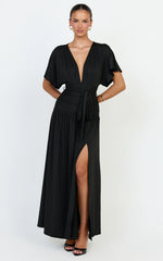 Liana Maxi Dress - Wide Sleeve Tie Waist Maxi Dress in Black