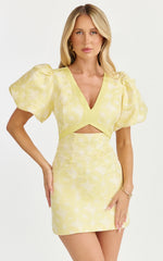 Diana Mini Dress - Jacquard Short Sleeve Cut Out Dress in Lemon